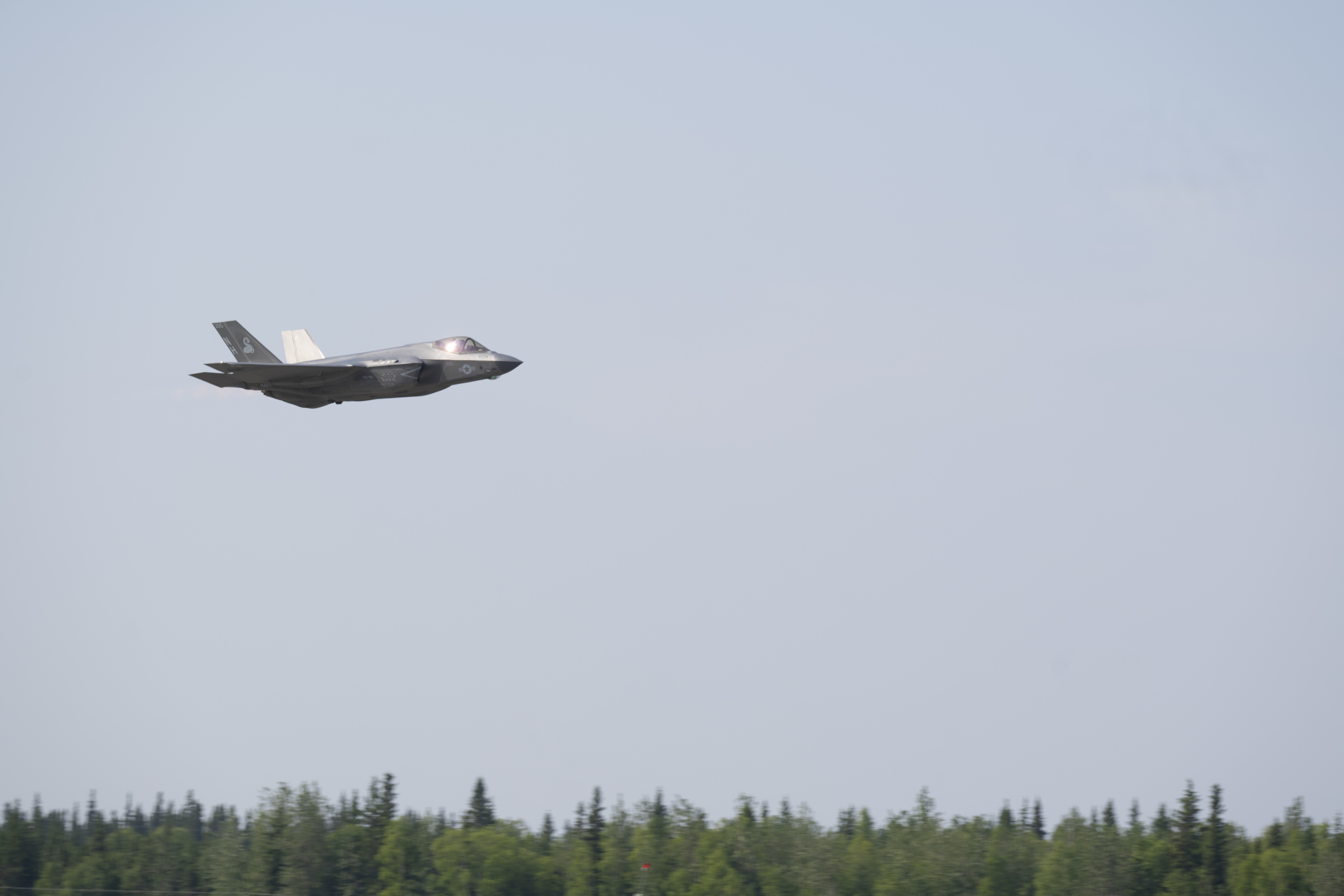 U.S. Navy Lt. Austin “Chuck E Chaids” Douglas, Strike Fighter Squadron (VFA) 86 F-35C pilot, takes off from Eielson Air Force Base, Alaska, during Red Flag-Alaska 25-2, June 18, 2025. RF-A 25-2 provides Navy aviators and support crews the opportunity to operate in a large-force training exercise alongside U.S. and allied units. (U.S. Air Force photo by Staff Sgt. Daniel Brosam)