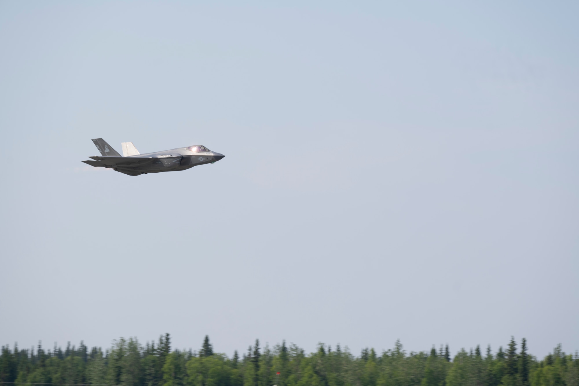 U.S. Navy Lt. Austin “Chuck E Chaids” Douglas, Strike Fighter Squadron (VFA) 86 F-35C pilot, takes off from Eielson Air Force Base, Alaska, during Red Flag-Alaska 25-2, June 18, 2025.