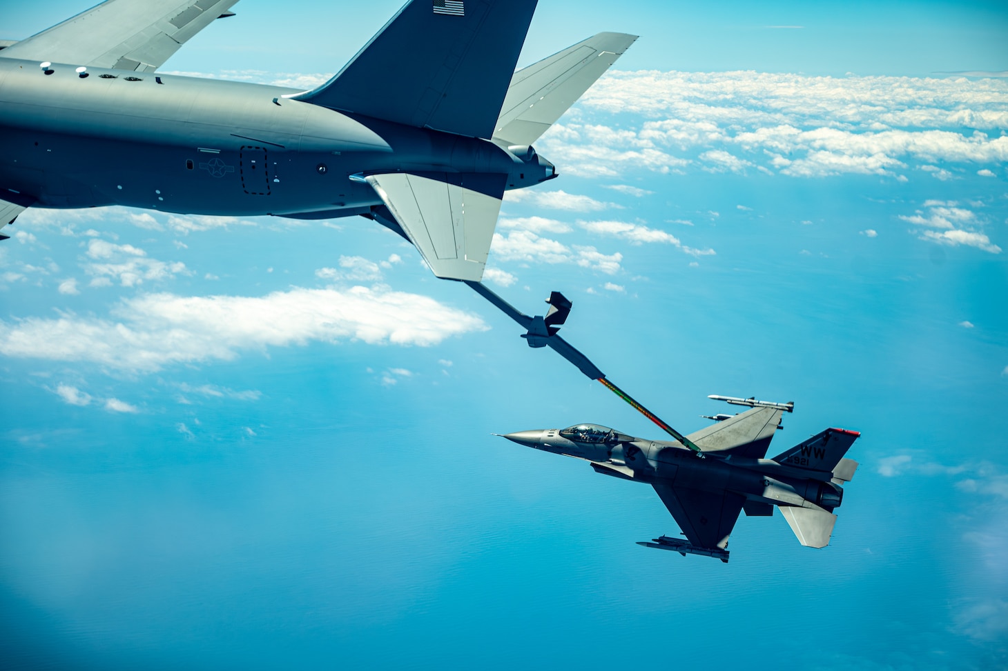 A KC-46 refuels an F-16