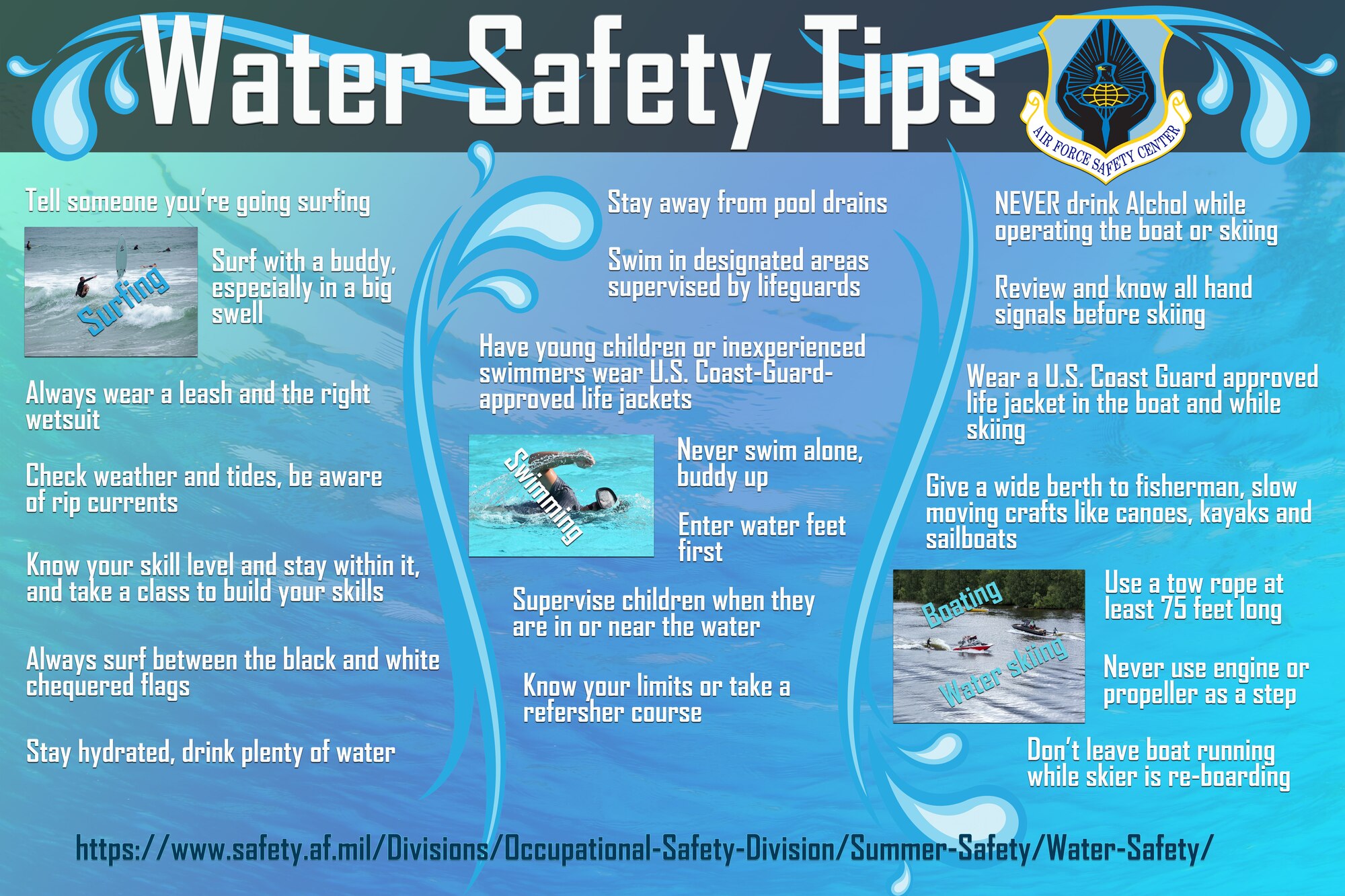 The Arnold Engineering Development Complex Safety team is encouraging those across the complex to be “water competent” this summer. This means being aware of potential hazards associated with water activities and knowing what to do in the event of an emergency. (Air Force Safety Center graphic)