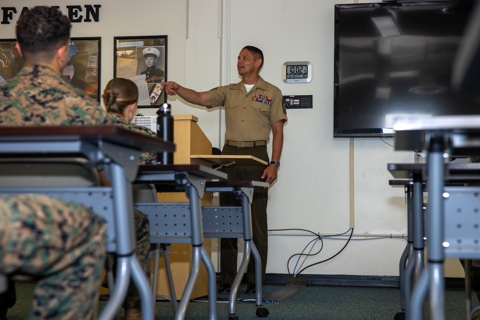 U.S. Marine Corps Sgt. Maj. Carlos A. Ruiz, the 20th Sergeant Major of the Marine Corps, addresses the Communication Strategy and Operations Marines of Marine Corps Base Quantico during his tour of MCBQ, June 13, 2025. COMMSTRAT is a U.S. Marine Corps department that advises commanders on communication strategy, develops communication plans, and produces visual and written materials to support Marine Corps missions. (U.S. Marine Corps photo by Lance Cpl. Federico Marquez)