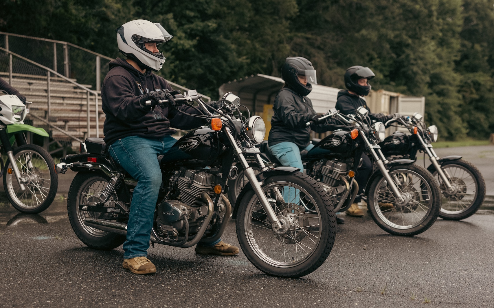 Students with the Basic Rider Course are prepared to navigate course at Camp Upshur on Marine Corps Base Quantico, Virginia, June 16, 2025. The course covers topics like motorcycle types, controls, safe riding strategies, basic skills, and emergency maneuvers. (U.S. Marine Corps photo by Lance Cpl. Ethan Miller)