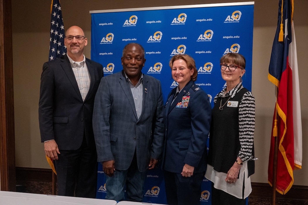 Dr. Christopher Moran, San Angelo ISD superintendent, Ronnie D. Hawkins Jr., Angelo State University president, U.S. Air Force Col. Angelina Maguinness, 17th Training Wing commander and Dr. Cheryl Sparks, Howard College president attend the Memorandum of Understanding signing ceremony between Goodfellow Air Force Base and Angelo State University at the LeGrand Visitors and Alumni Center, San Angelo Texas, June 18, 2025. The ceremony formalized and reaffirmed several Memorandums of Understanding with key partners guided by Goodfellow AFB's "One Community Approach."  (U.S. Air Force photo by Airman 1st Class James Salellas)