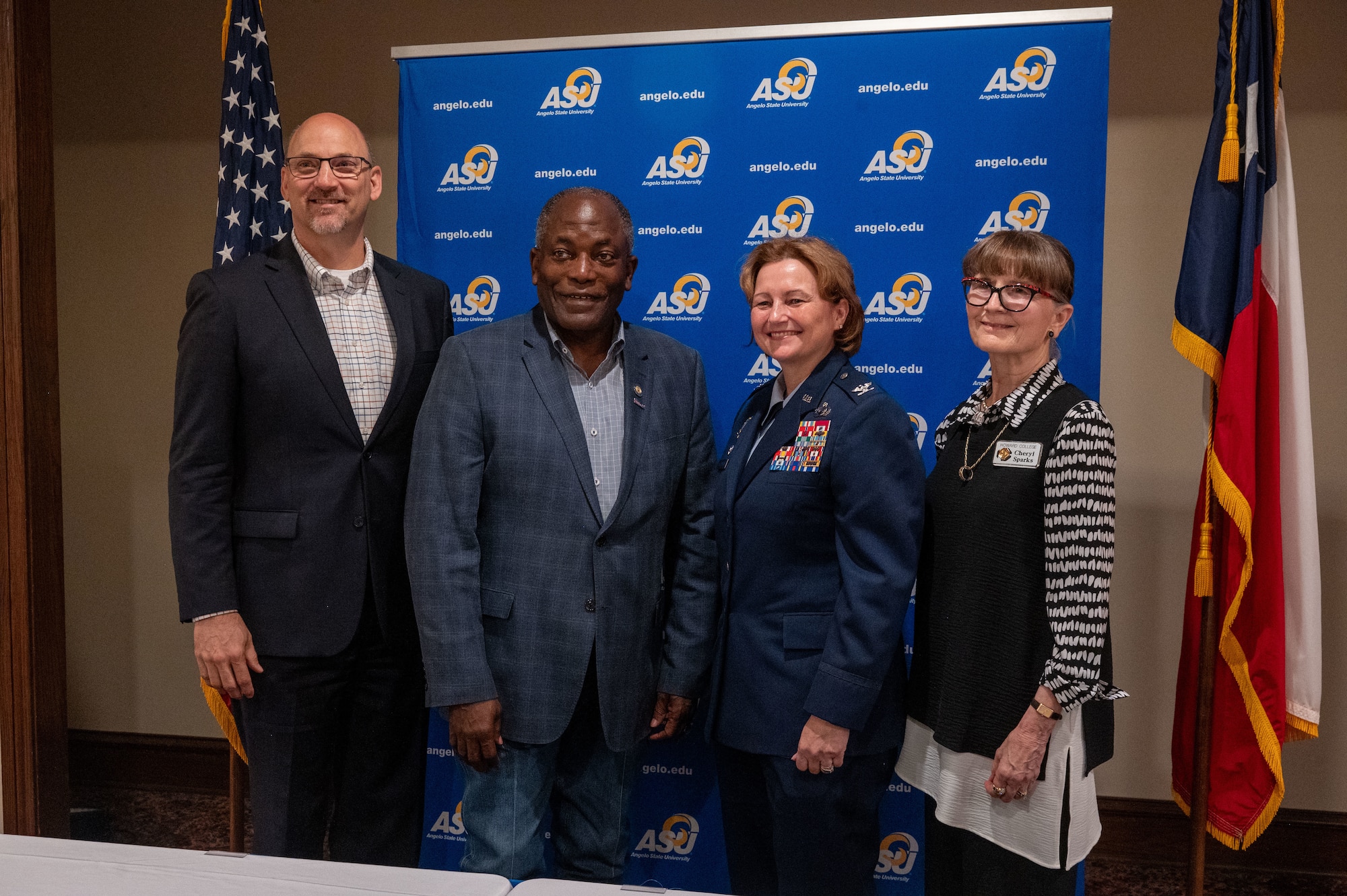 Dr. Christopher Moran, San Angelo ISD superintendent, Ronnie D. Hawkins Jr., Angelo State University president, U.S. Air Force Col. Angelina Maguinness, 17th Training Wing commander and Dr. Cheryl Sparks, Howard College president attend the Memorandum of Understanding signing ceremony between Goodfellow Air Force Base and Angelo State University at the LeGrand Visitors and Alumni Center, San Angelo Texas, June 18, 2025. The ceremony formalized and reaffirmed several Memorandums of Understanding with key partners guided by Goodfellow AFB's "One Community Approach."  (U.S. Air Force photo by Airman 1st Class James Salellas)