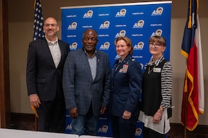 Dr. Christopher Moran, San Angelo ISD superintendent, Ronnie D. Hawkins Jr., Angelo State University president, U.S. Air Force Col. Angelina Maguinness, 17th Training Wing commander and Dr. Cheryl Sparks, Howard College president attend the Memorandum of Understanding signing ceremony between Goodfellow Air Force Base and Angelo State University at the LeGrand Visitors and Alumni Center, San Angelo Texas, June 18, 2025. The ceremony formalized and reaffirmed several Memorandums of Understanding with key partners guided by Goodfellow AFB's "One Community Approach."  (U.S. Air Force photo by Airman 1st Class James Salellas)