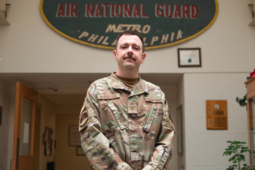 Air Force Chief Warrant Officer 2 Jonathan DeRivera, a 17YW Warfighter Communications & IT Systems Operations warrant officer, stands for a portrait at Biddle Air National Guard Base, Pennsylvania, May 29, 2025. DeRivera is one of the first warrant officers appointed in the Pennsylvania Air National Guard since the rank was reinstated, representing a renewed emphasis on advanced technical leadership across the force. (U.S. Air National Guard photo by Airman 1st Class Matthew Bergh)