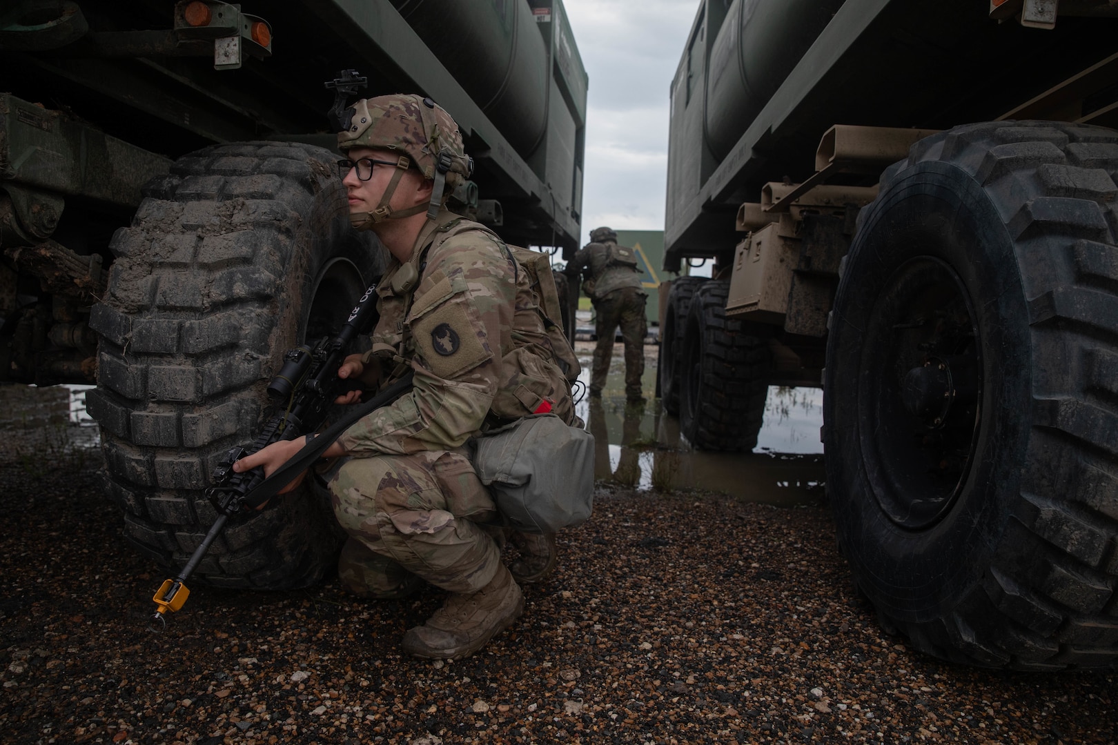 A U.S. Soldier assigned to the 2nd Infantry Brigade Combat Team, 34th Infantry Division, pulls security at the Joint Readiness Training Center, Fort Polk, La., June 15, 2025.