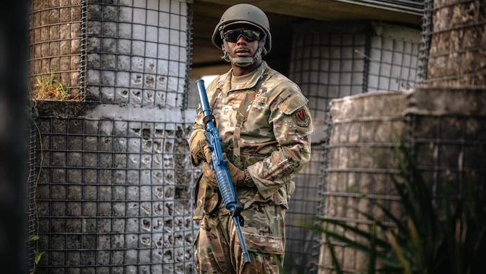 U.S. Air Force Senior Master Sgt. Shermar Jones, Air Combat Command aerospace ground equipment functional area manager, stands watch at Tyndall Air Force Base, Florida,