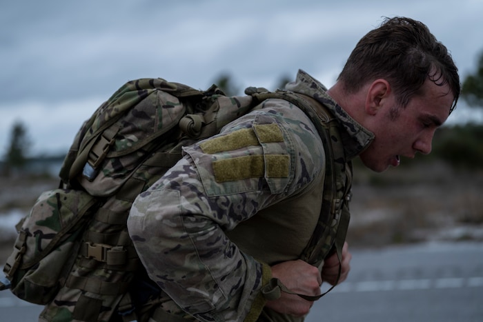 A U.S. Airman assigned to the 24th Special Operations Wing participates in a 6-mile ruck during the 2025 Chapman Competition at Hurlburt Field, Florida