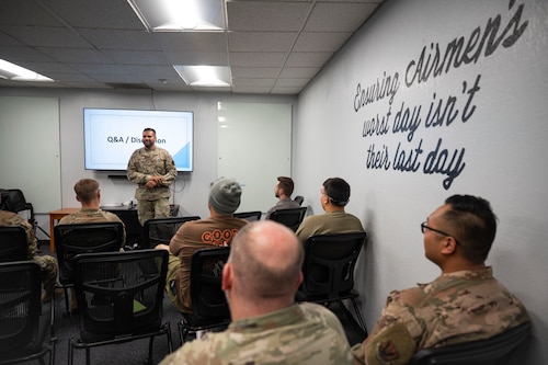 U.S. Air Force Capt. Renny Cherian, 355th Maintenance Group chaplain, briefs maintainers during the Maintainers in Action kick off event at Davis-Monthan Air Force Base, Arizona, June 12, 2025. Maintainers in Action exists to cultivate spiritually fit and resilient Airmen-leaders who empower peers through action, mentorship, and lasting positive change. (U.S. Air Force photo by Airman Samantha Melecio)