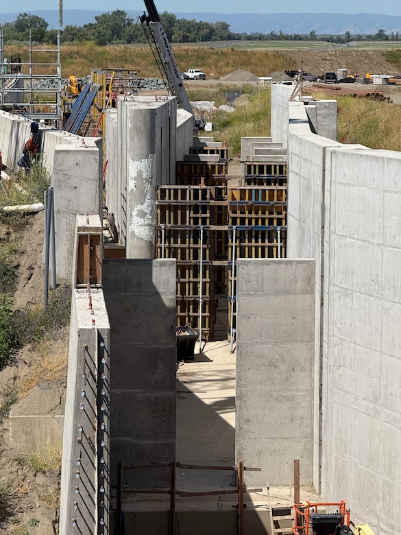 A view looking through the Sacramento Weir fish passage shows the series of baffles installed along the channel on May 14, 2025. The baffle system is designed to create manageable water flows for endangered salmon, steelhead and sturgeon up to 10 feet long as they navigate through the structure managed by the U.S. Army Corps of Engineers Sacramento District. The "double hybrid technical fishway" will allow fish to safely pass through flood control infrastructure during high-water events.