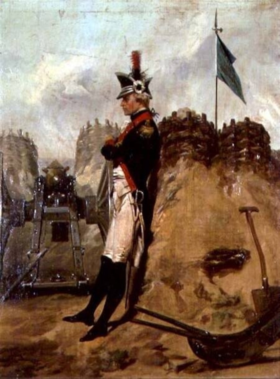 A painting of a soldier in Colonial Army attire is shown leaning against a mound with a flag in the background.