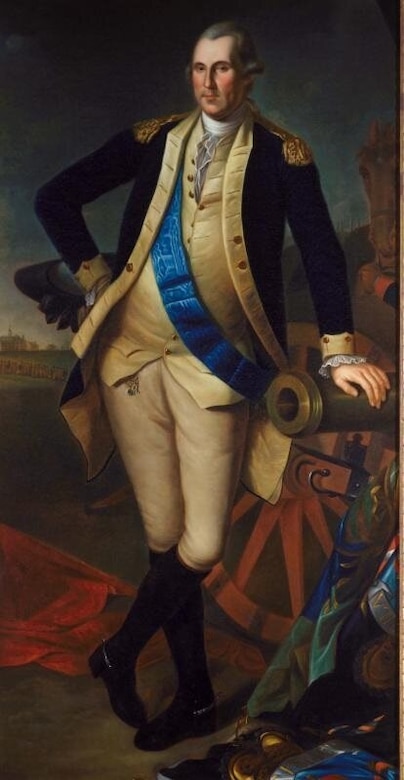 A painting of a soldier in Colonial Army attire leaning on a cannon is shown.