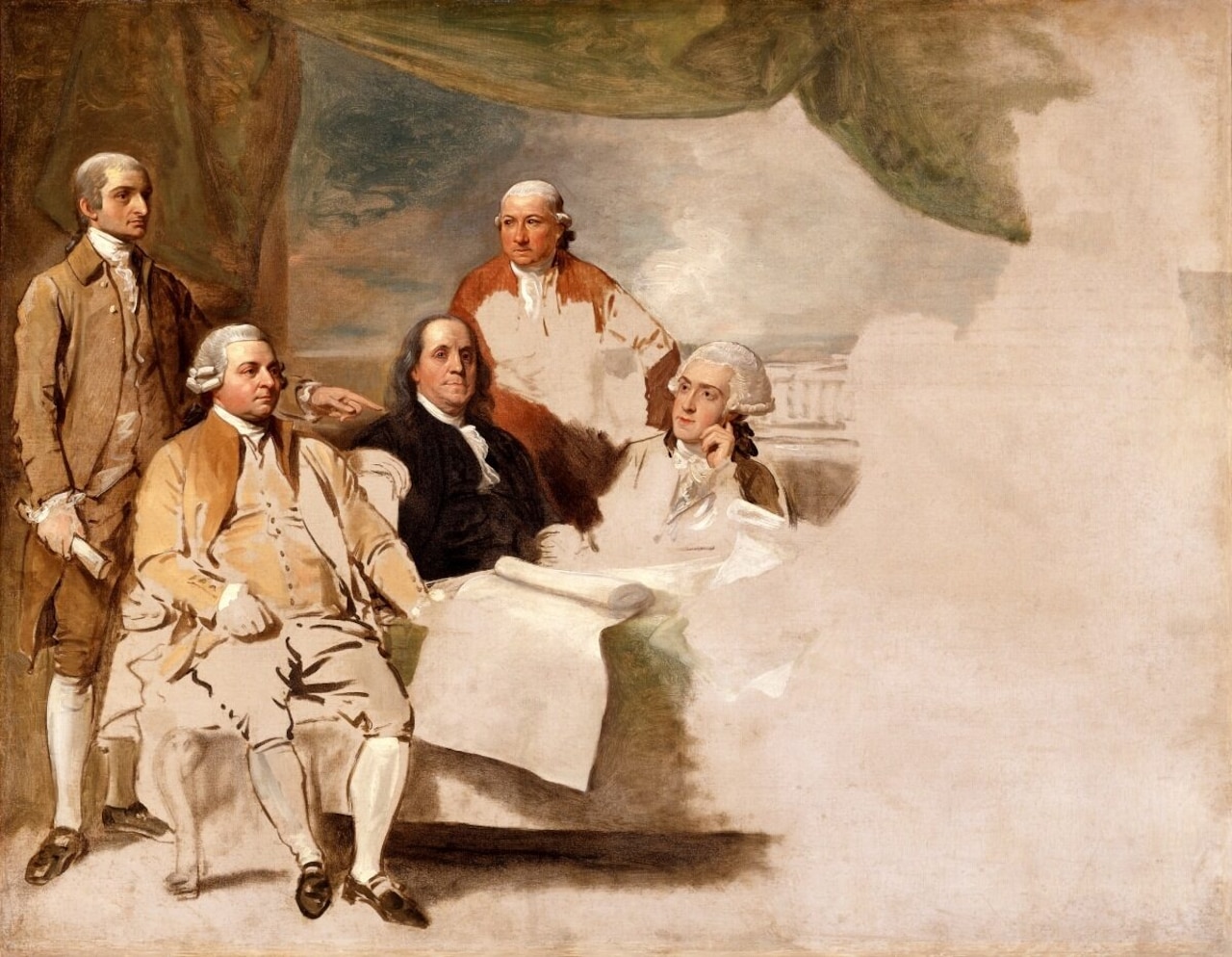 In a painting, men in colonial attire are standing and seated at a table with a document in front of them. The right side of the painting is blank.