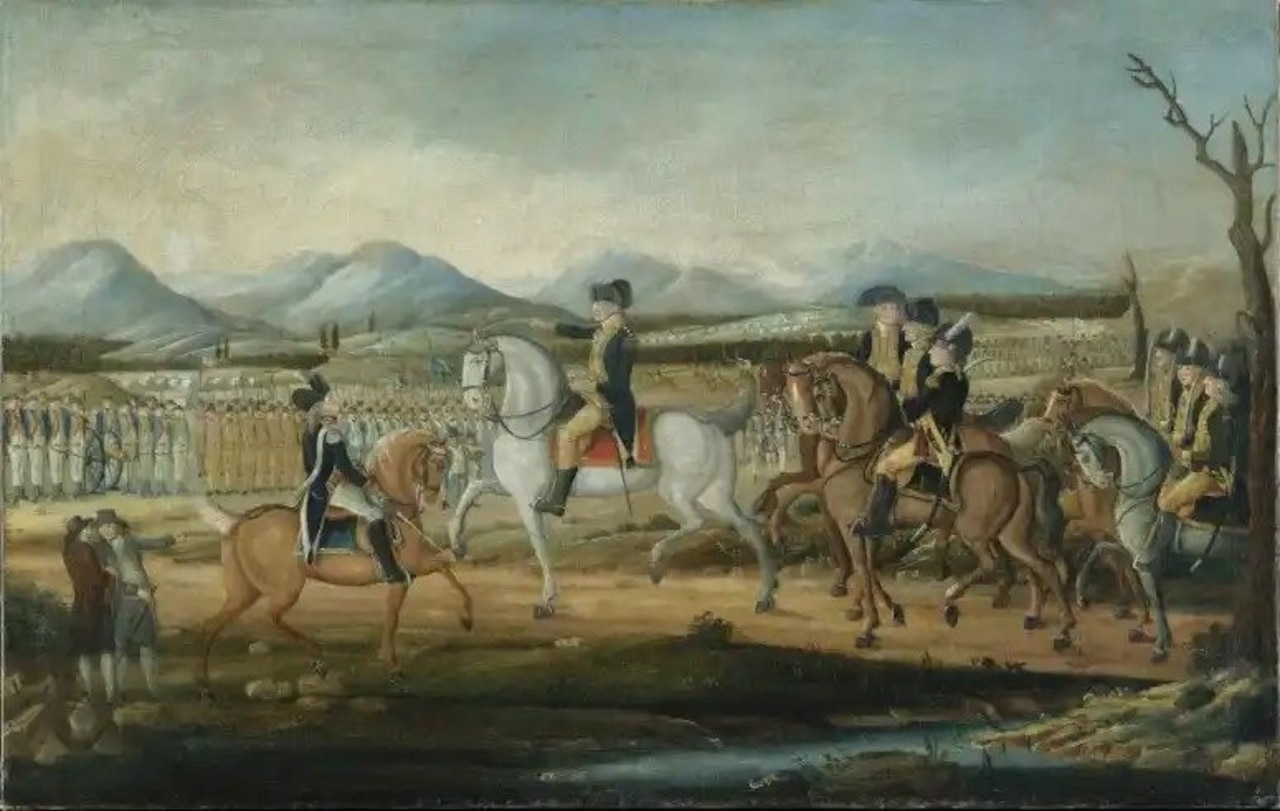 A painting of several militiamen in Army attire riding horses is shown. There are several rows of troops in formation in the background, with hills and mountains behind them.
