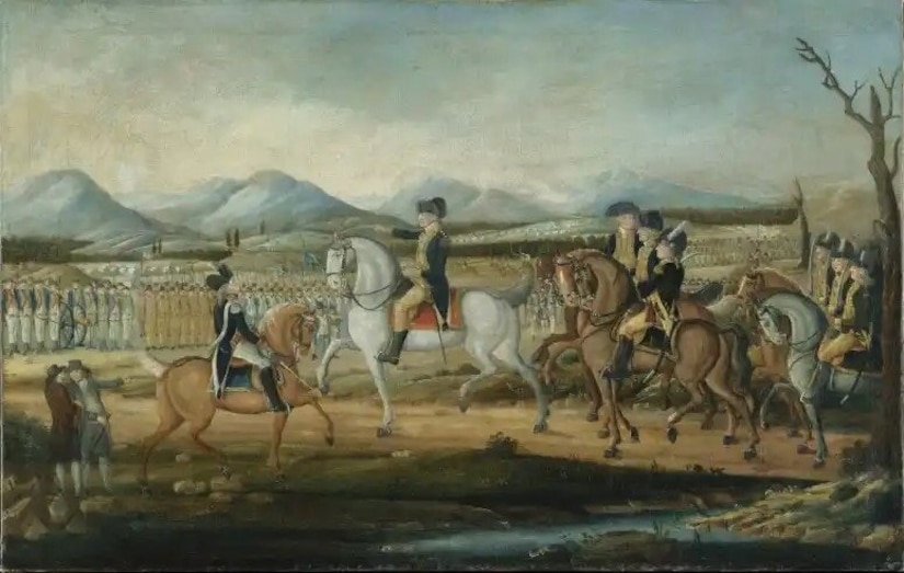 A painting of several militiamen in Army attire riding horses is shown. There are several rows of troops in formation in the background, with hills and mountains behind them.