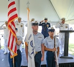 A U.S. Coast Guard color guard presents colors during a change of command ceremony held at U.S. Coast Guard Sector Key West, June 20, 2025. The change of command ceremony marks the transfer of total responsibility and authority from one officer to another. (U.S. Coast Guard photo by Petty Officer 2nd Class Eric Rodriguez)