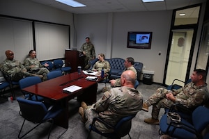 Leadership of the Maryland National Guard discuss plans for introduction of the STARBASE program, a Department of Defense educational outreach initiative, for the 175th Wing, at Warfield Air National Guard Base, Maryland, May 3, 2025.