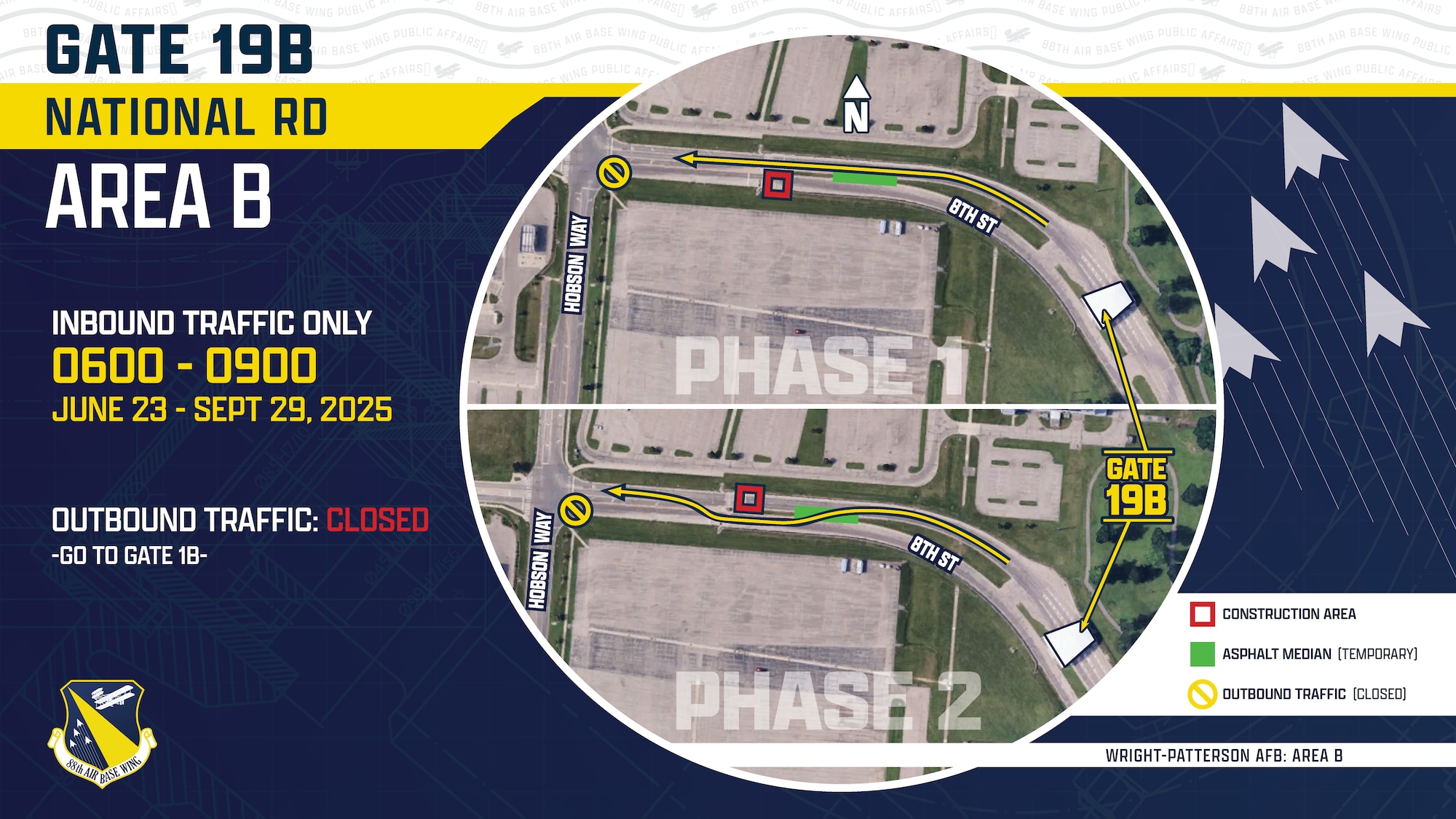 Traffic map on a blue, yellow and white background with white air planes, dark blue, red, white and yellow text.