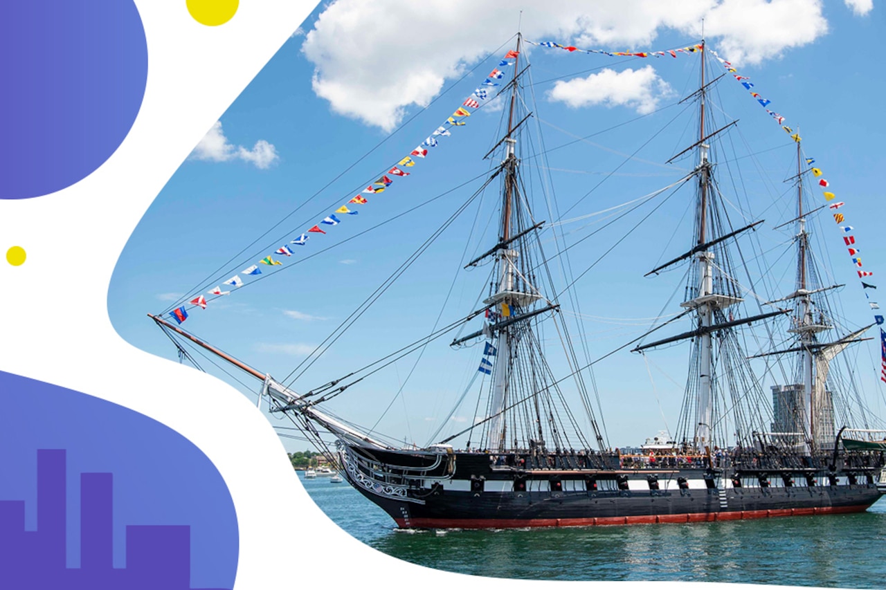 A DOD graphic illustrates an old ship sailing in a harbor next to graphics in blue and yellow.