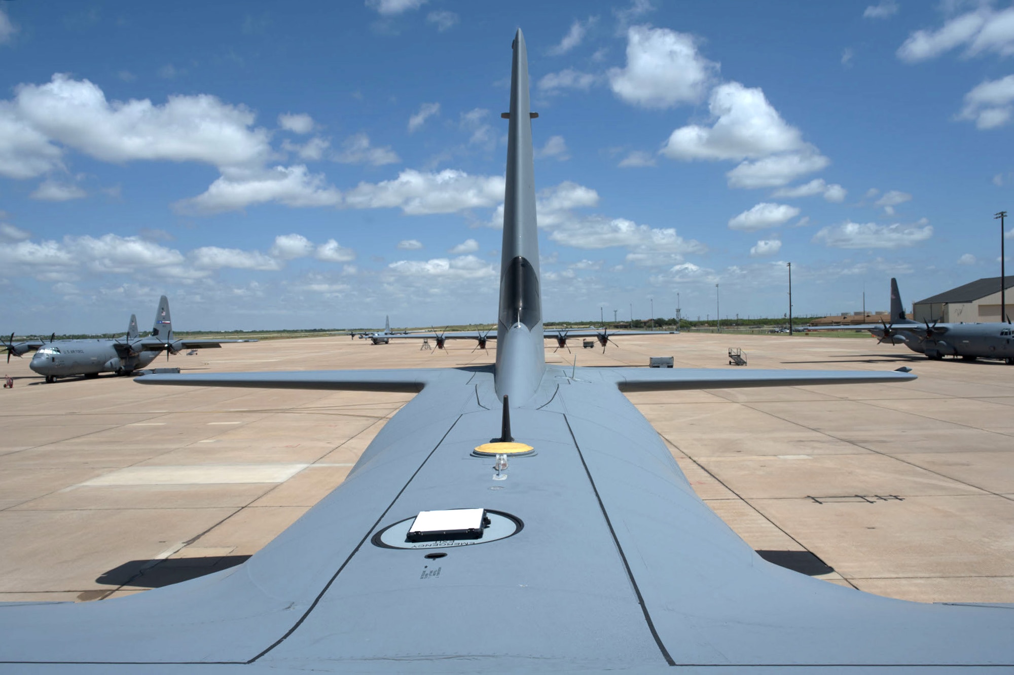 A Starshield Mini hatch-mount antenna installed on a C-130J Super Hercules at Dyess Air Force Base, Texas, June 3, 2025. The removable antenna delivers secure, beyond-line-of-sight communications for high-priority missions. (U.S. Air Force photo by Senior Airman Emma Anderson)