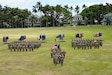 Soldiers assigned to the 3d Multi-Domain Task Force stand in formation during the unit’s change of command ceremony on historic Palm Circle at Fort Shafter, Hawaii, June 18, 2025. (U.S. Army photo by Sgt. Perla Alfaro)