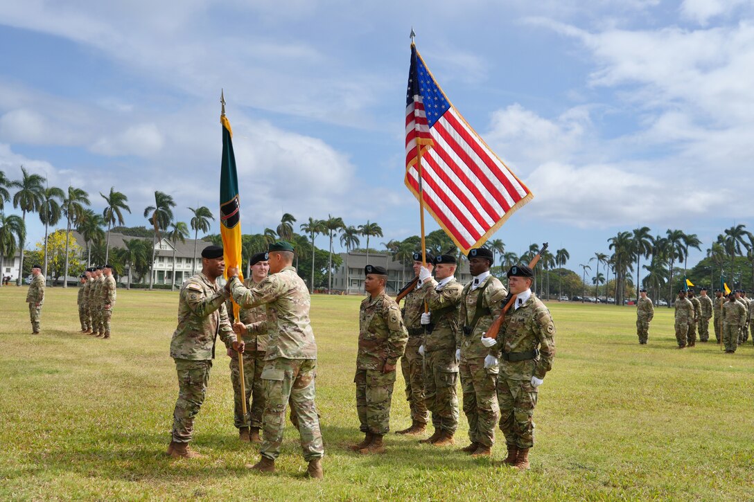 The 3d Multi-Domain Task Force conducts a change of command ceremony on historic Palm Circle at Fort Shafter, Hawaii, June 18, 2025, marking the formal transition of leadership from Brig. Gen. Michael D. Rose to Col. Wade A. Germann through the traditional passing of the unit colors. (U.S. Army photo by Sgt. Perla Alfaro)