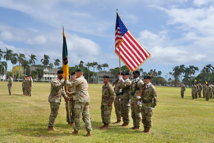The 3d Multi-Domain Task Force conducts a change of command ceremony on historic Palm Circle at Fort Shafter, Hawaii, June 18, 2025, marking the formal transition of leadership from Brig. Gen. Michael D. Rose to Col. Wade A. Germann through the traditional passing of the unit colors. (U.S. Army photo by Sgt. Perla Alfaro)