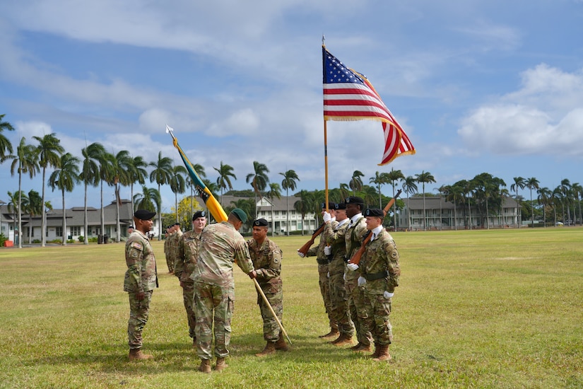 The 3d Multi-Domain Task Force conducts a change of command ceremony on historic Palm Circle at Fort Shafter, Hawaii, June 18, 2025, marking the formal transition of leadership from Brig. Gen. Michael D. Rose to Col. Wade A. Germann through the traditional passing of the unit colors. (U.S. Army photo by Sgt. Perla Alfaro)