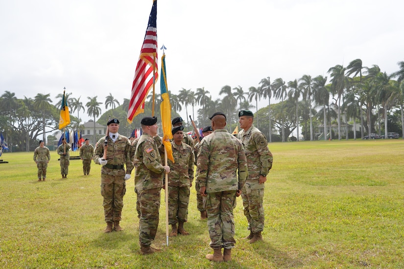 he 3d Multi-Domain Task Force conducts a change of command ceremony on historic Palm Circle at Fort Shafter, Hawaii, June 18, 2025, marking the formal transition of leadership from Brig. Gen. Michael D. Rose to Col. Wade A. Germann through the traditional passing of the unit colors. (U.S. Army photo by Sgt. Perla Alfaro)