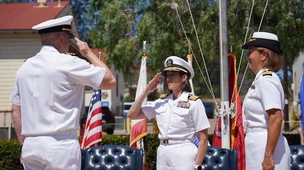 SAN DIEGO (June 17, 2025) Capt. Eric Welsh, commanding officer, Naval Health Research Center (NHRC) salutes Capt. Franca Jones, commander, Naval Medical Research Command, at the Naval Health Research Center change of command ceremony in which he was relieved by Capt. Kellie McMullen as commanding officer. NHRC, part of Navy Medicine Research & Development, supports Navy, Marine Corps, and joint U.S. warfighter health readiness and lethality with research and development that delivers high-value, high-impact solutions to the health and readiness challenges U.S. military population faces on the battlefield, at-sea, home and abroad. (U.S. Navy photo by Danielle Cazarez)