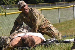 Lt. Col. Emile Fernando, 185th Air Refueling Wing Medical Group Physicians Assistant conducts Tactical Combat Casualty Care on a simulated patient June 16, 2025 at the Landstuhl Regional Medical Center, Germany.