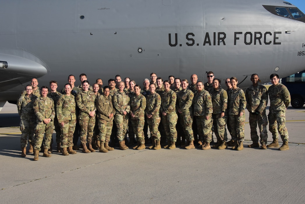 185th Air Refueling Wing Medical Group personnel pose for a group photo before takeoff June 20, 2025 at Stuttgart Army Airfield.