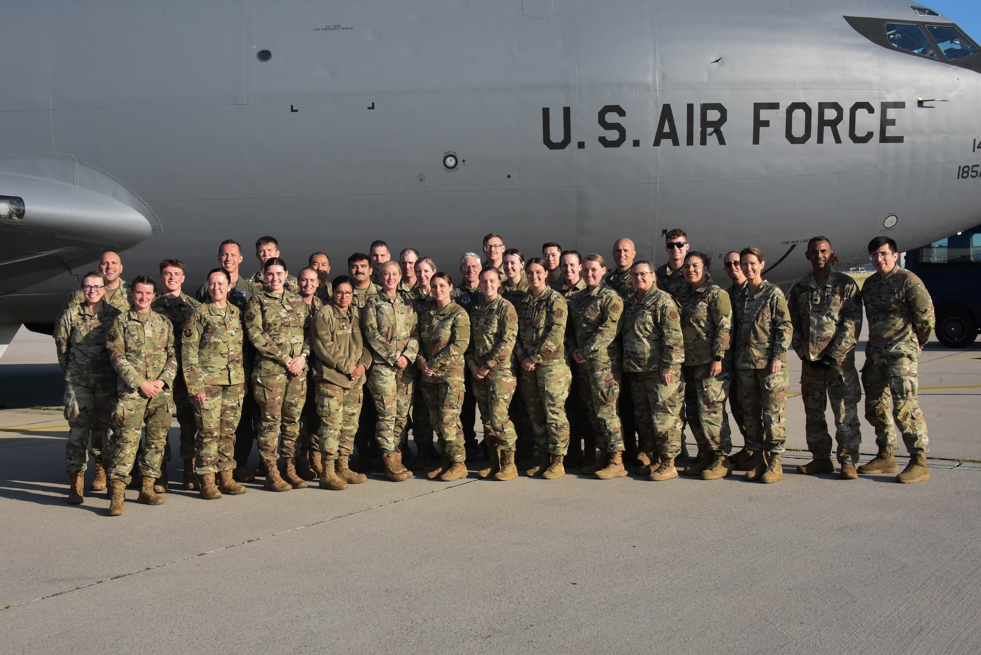 185th Air Refueling Wing Medical Group personnel pose for a group photo before takeoff June 20, 2025 at Stuttgart Army Airfield.
