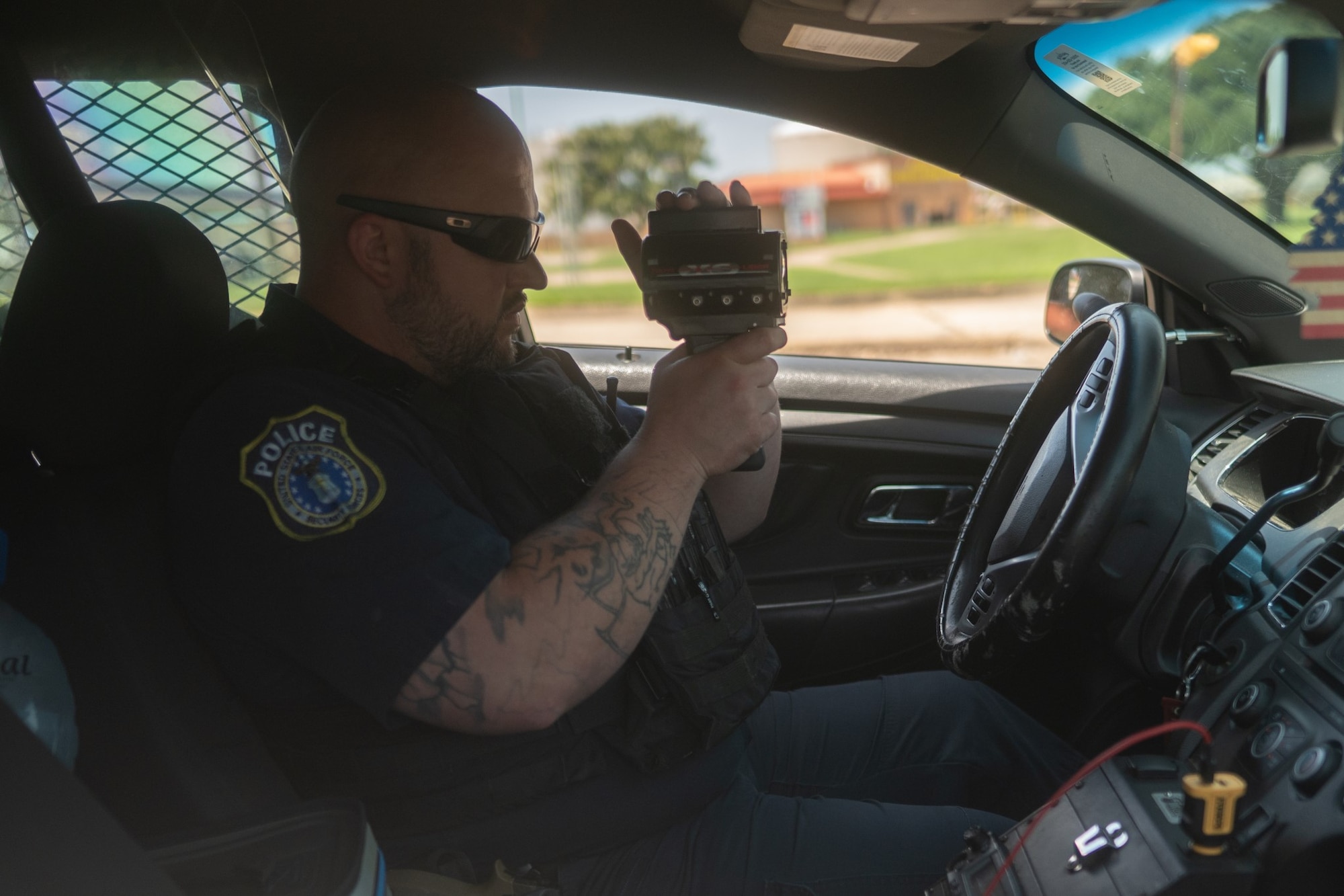 Corporal Brady Harley, 42nd Security Forces Squadron DAF police officer, performs speed checks using a Stalker LIDAR XS at Maxwell Air Force Base June 20, 2025