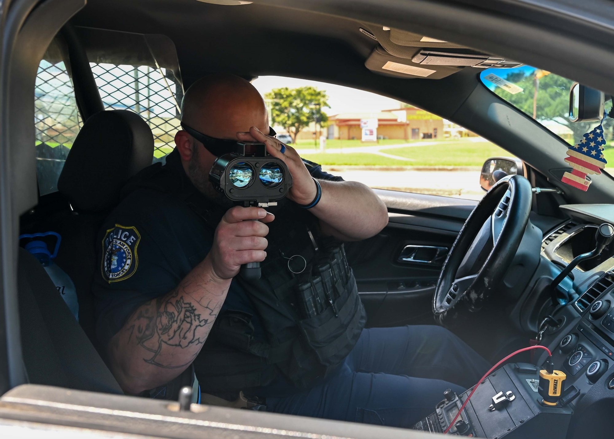 Cpl. Brady Harley, 42nd Security Forces Squadron DAF police officer, performs speed checks using a Stalker LIDAR XS at Maxwell Air Force Base June 20, 2025.