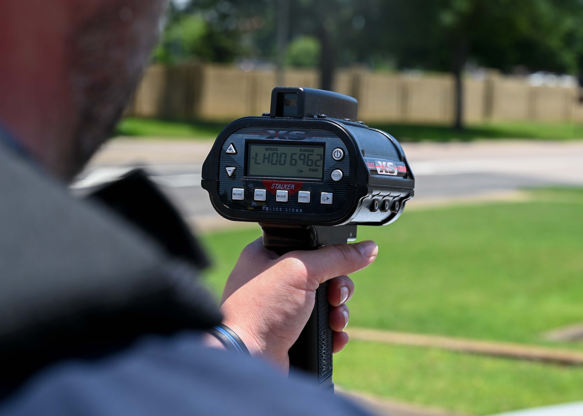 Cpl. Brady Harley, 42nd Security Forces Squadron DAF police officer, performs speed checks using a Stalker LIDAR XS at Maxwell Air Force Base June 20, 2025.