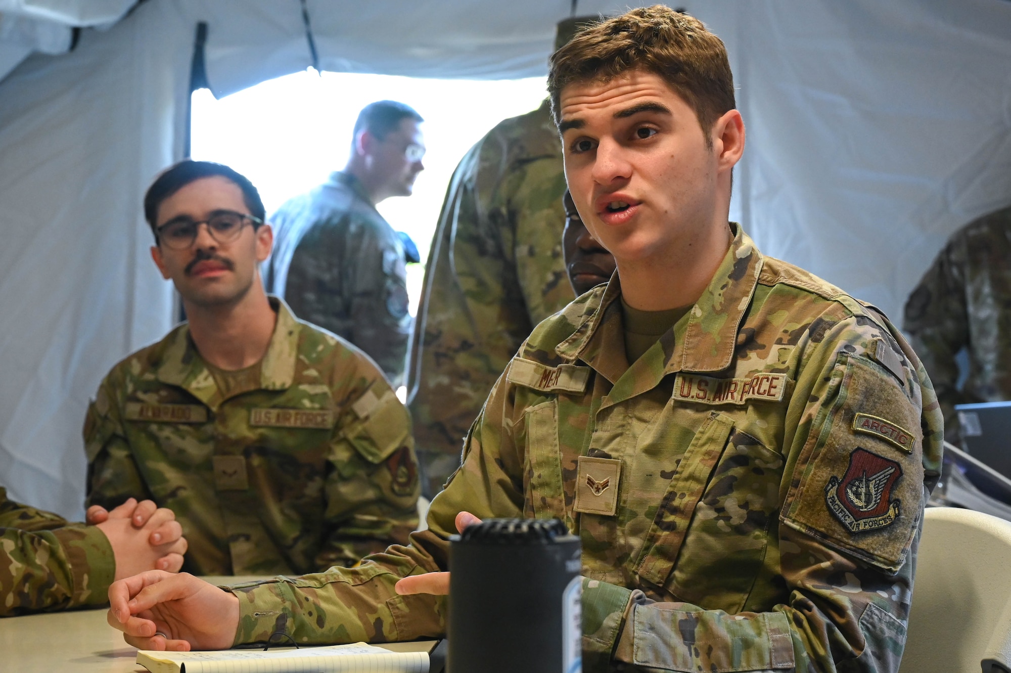 U.S Air Force Airman 1st Class Zachary Meier, 354th Contracting Squadron contracting officer, gives a brief during a Contingency Contracting Officer Training at Eielson Air Force Base, Alaska, June 18, 2025.