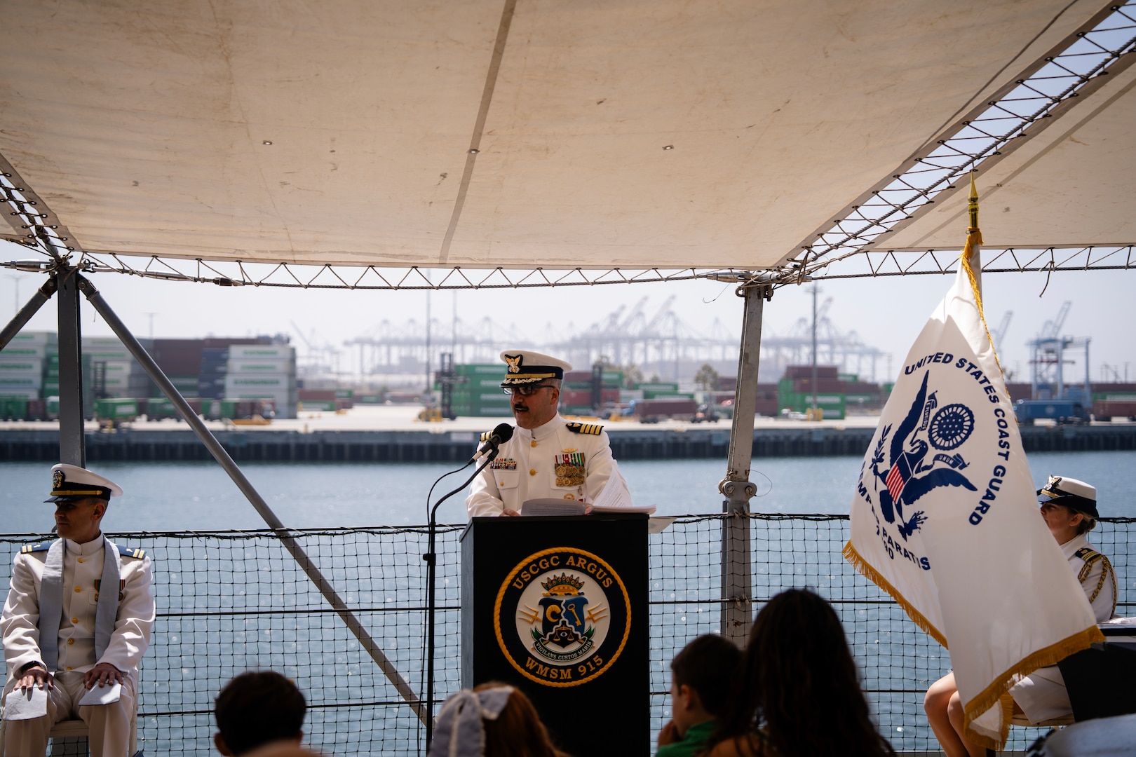 The U.S. Coast Guard Cutter Argus (WMSM-915) held a change of command ceremony, Tuesday, Jun. 17, in San Pedro, Calif. Rear Adm. Joanna Hiigel, deputy commander of Coast Guard Pacific Area, presided over the ceremony in which Cmdr. Andrew Pritchett relieved Capt. Tobias Reid as Argus’ commanding officer. Reid served as Argus’ commanding officer from August 2023 to June 2025. (U.S. Coast Guard photo by Petty Officer 1st Class Ward Hawley)