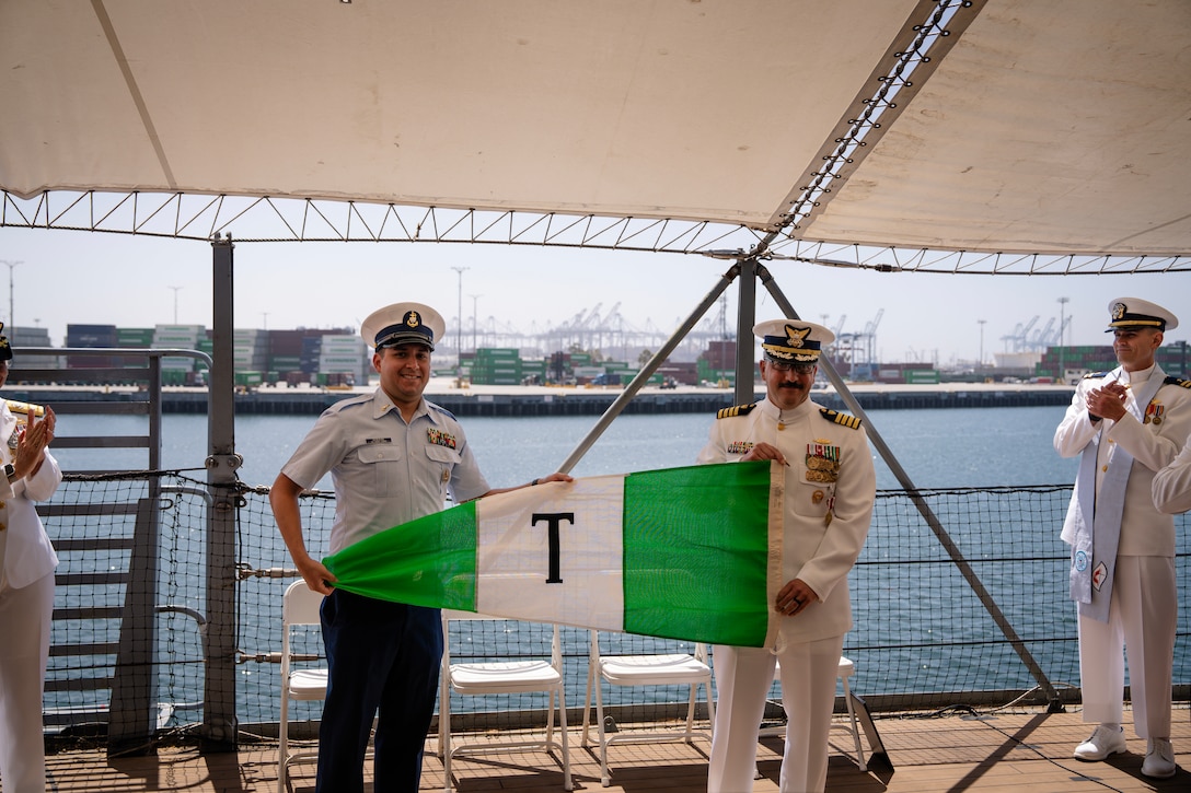 The U.S. Coast Guard Cutter Argus (WMSM-915) held a change of command ceremony, Tuesday, Jun. 17, in San Pedro, Calif. Rear Adm. Joanna Hiigel, deputy commander of Coast Guard Pacific Area, presided over the ceremony in which Cmdr. Andrew Pritchett relieved Capt. Tobias Reid as Argus’ commanding officer. Reid served as Argus’ commanding officer from August 2023 to June 2025. (U.S. Coast Guard photo by Petty Officer 1st Class Ward Hawley)