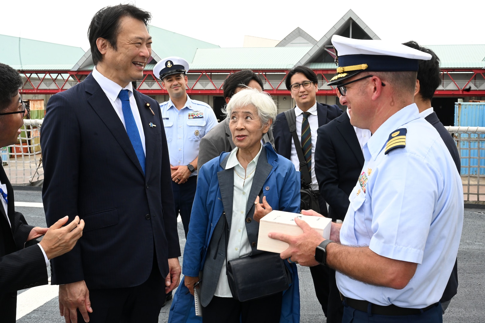 Cmdr. Jonathan Wolstenholme, executive officer of the Legend-Class U.S. Coast Guard Cutter Stratton (WMSL 752), talks with Yoshii Akira, Japan’s Parliamentary Vice-Minister of Land, Infrastructure and Transportation, and Tourism, and his staff during a tour of the Stratton after arriving in Kagoshima, Japan, June 16, 2025. Stratton is deployed and assigned to Destroyer Squadron (DESRON) 15, the Navy’s largest DESRON and the U.S. 7th Fleet’s principal surface force. U.S. Coast Guard Cutter Stratton is deployed to the Indo-Pacific to advance relationships with ally and partner nations to build a more secure and prosperous region with unrestricted, lawful access to the maritime commons. (U.S. Coast Guard video by Senior Chief Petty Officer Matthew S. Masaschi)