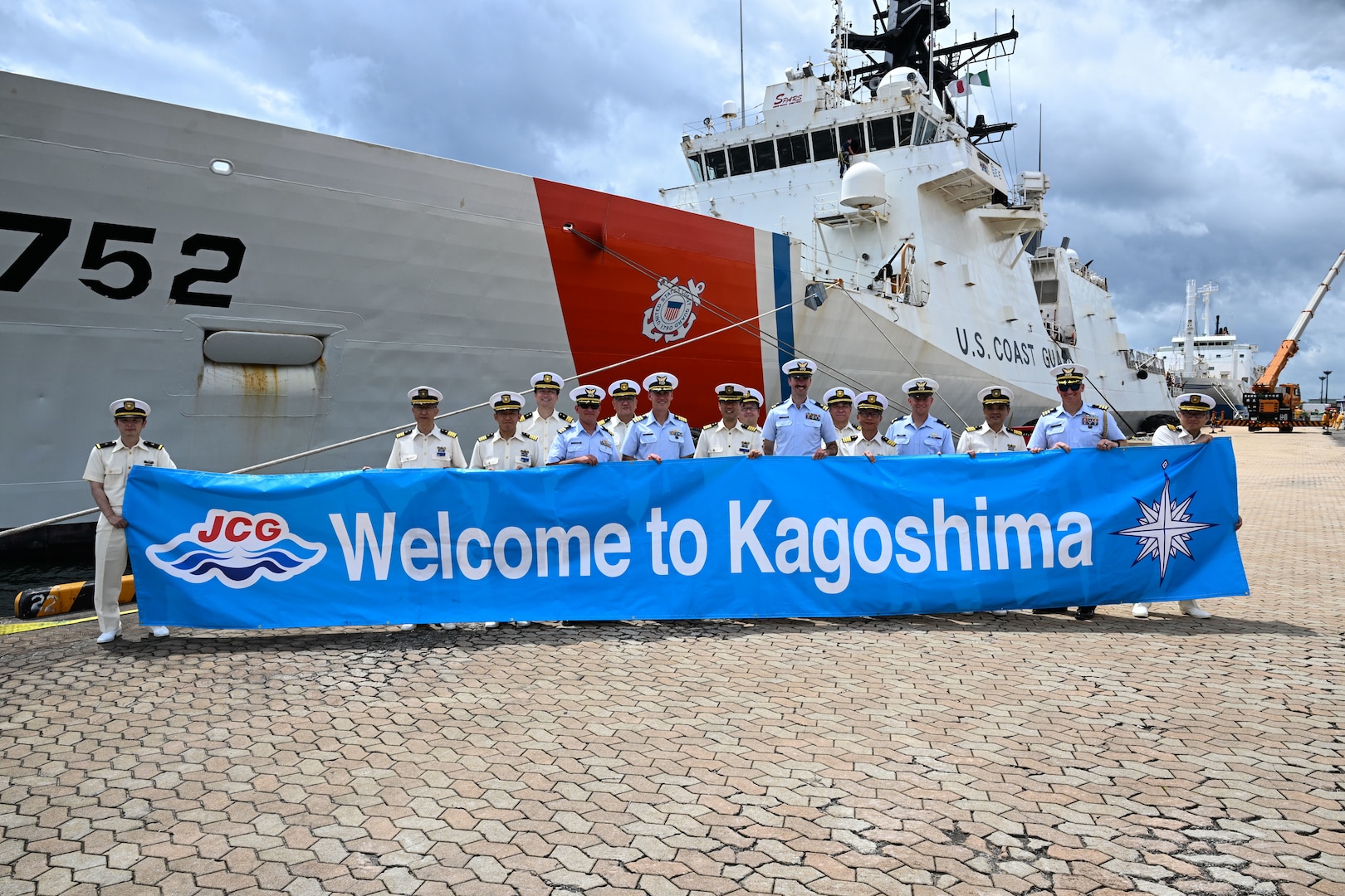 U.S. Coast Guard leaders from the Legend-class Coast Guard Cutter Stratton (WMSL 752) attend a welcome ceremony in Kagoshima, Japan during a trilateral exercise with Japan and Philippine Coast Guard June 16, 2025. Stratton is deployed and assigned to Destroyer Squadron (DESRON) 15, the Navy’s largest DESRON and the U.S. 7th Fleet’s principal surface force. Stratton is deployed to the Indo-Pacific to advance relationships with ally and partner nations to build a more secure and prosperous region with unrestricted, lawful access to the maritime commons. (U.S. Coast Guard photo by Petty Officer 2nd Class Kate Kilroy)