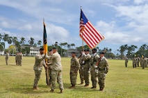 The 3d Multi-Domain Task Force conducts a change of command ceremony on historic Palm Circle at Fort Shafter, Hawaii, June 18, 2025, marking the formal transition of leadership from Brig. Gen. Michael D. Rose to Col. Wade A. Germann through the traditional passing of the unit colors. (U.S. Army photo by Sgt. Perla Alfaro)