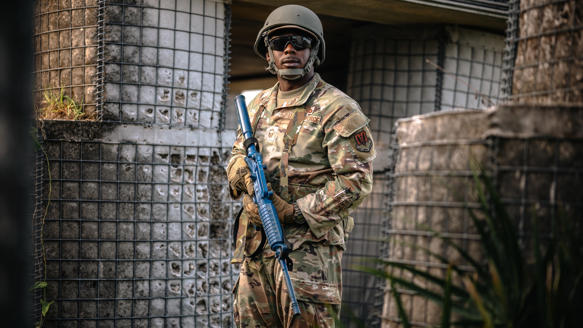U.S. Air Force Senior Master Sgt. Shermar Jones, Air Combat Command aerospace ground equipment functional area manager, stands watch at Tyndall Air Force Base, Florida,