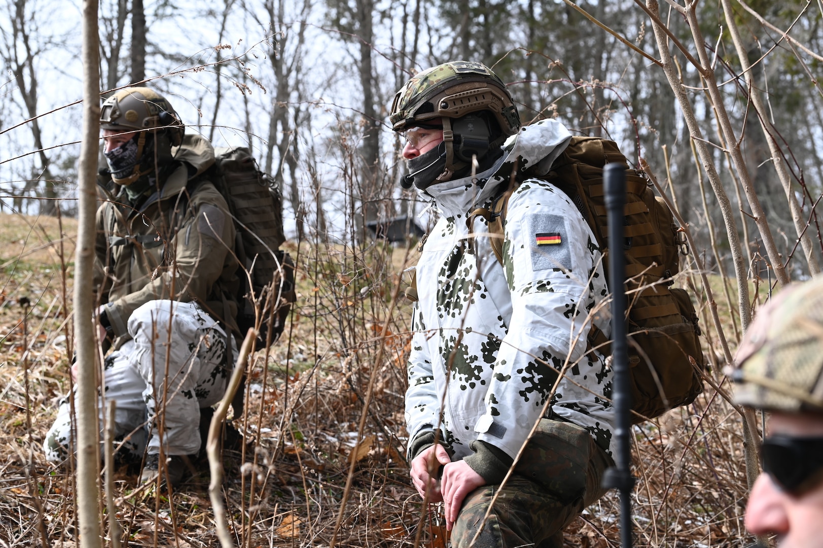 Soldiers and Airmen assigned to the District of Columbia National Guard, West Virginia National Guard, 7th Air Support Operations Squadron, and German Army conduct exfil training to maintain combat readiness in Elkins, West Virginia, on March 7, 2025. More than 20 air and ground units across the National Guard, Army, and Air Force participated in Misty Dawn, a Large-Scale Combat Operations (LSCO) joint readiness exercise that highlighted coalition interoperability and high-end integrated tactics.