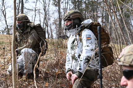 Soldiers and Airmen assigned to the District of Columbia National Guard, West Virginia National Guard, 7th Air Support Operations Squadron, and German Army conduct exfil training to maintain combat readiness in Elkins, West Virginia, on March 7, 2025. More than 20 air and ground units across the National Guard, Army, and Air Force participated in Misty Dawn, a Large-Scale Combat Operations (LSCO) joint readiness exercise that highlighted coalition interoperability and high-end integrated tactics.