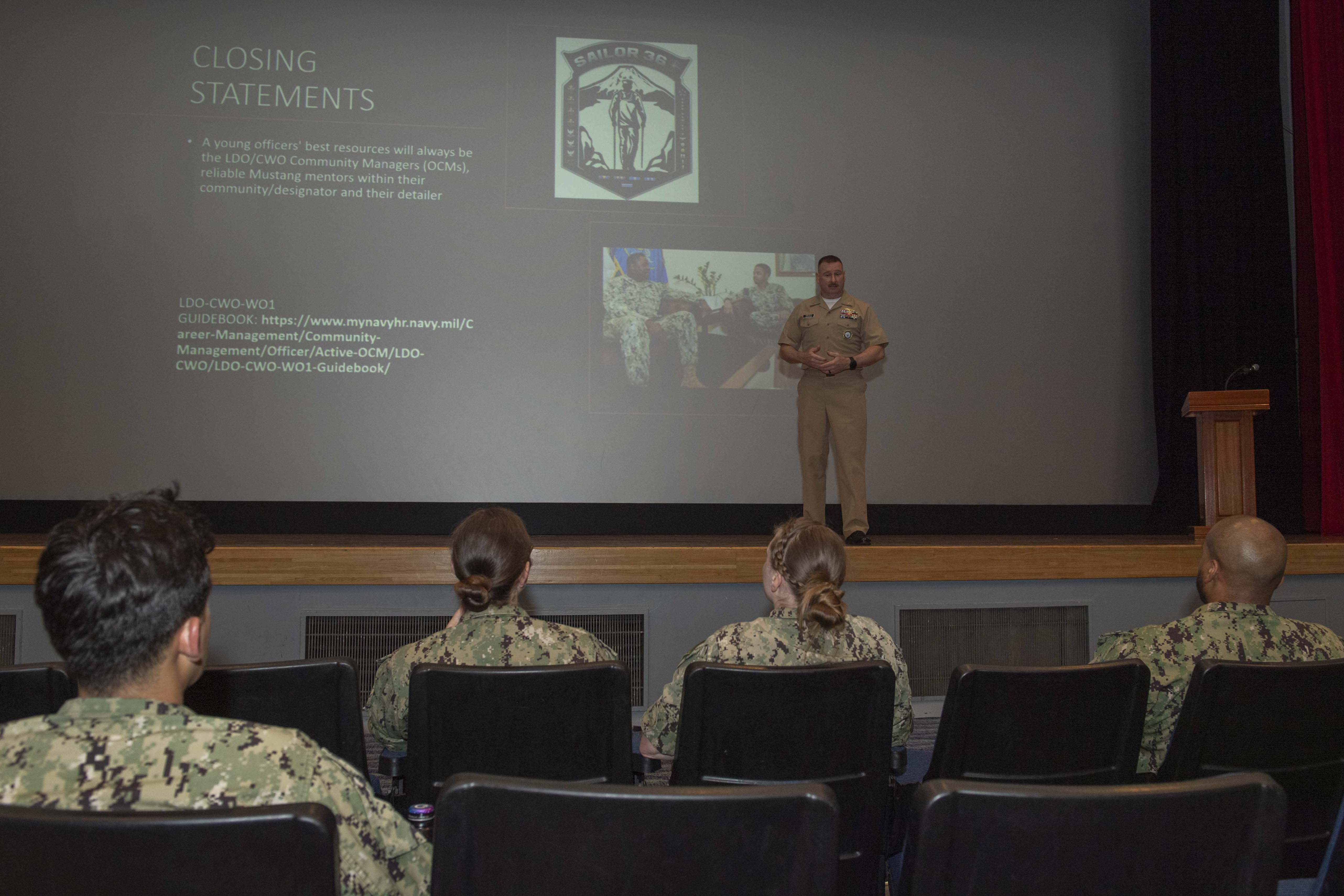Chief Warrant Officer 4 Mike Seals, assigned to Navy Recruiting Reserve Command, Japan, guest speaks at Commander, Fleet Activities Yokosuka’s (CFAY) Sailor 360 program at CFAY’s Benny Decker Theater.