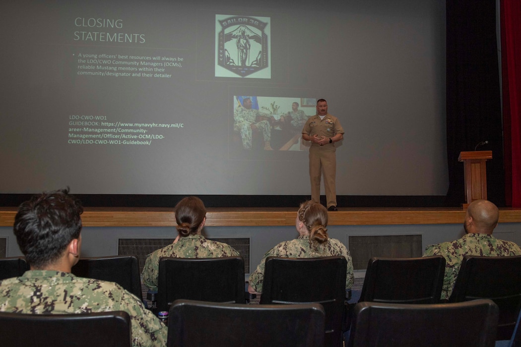 Chief Warrant Officer 4 Mike Seals, assigned to Navy Recruiting Reserve Command, Japan, guest speaks at Commander, Fleet Activities Yokosuka’s (CFAY) Sailor 360 program at CFAY’s Benny Decker Theater.