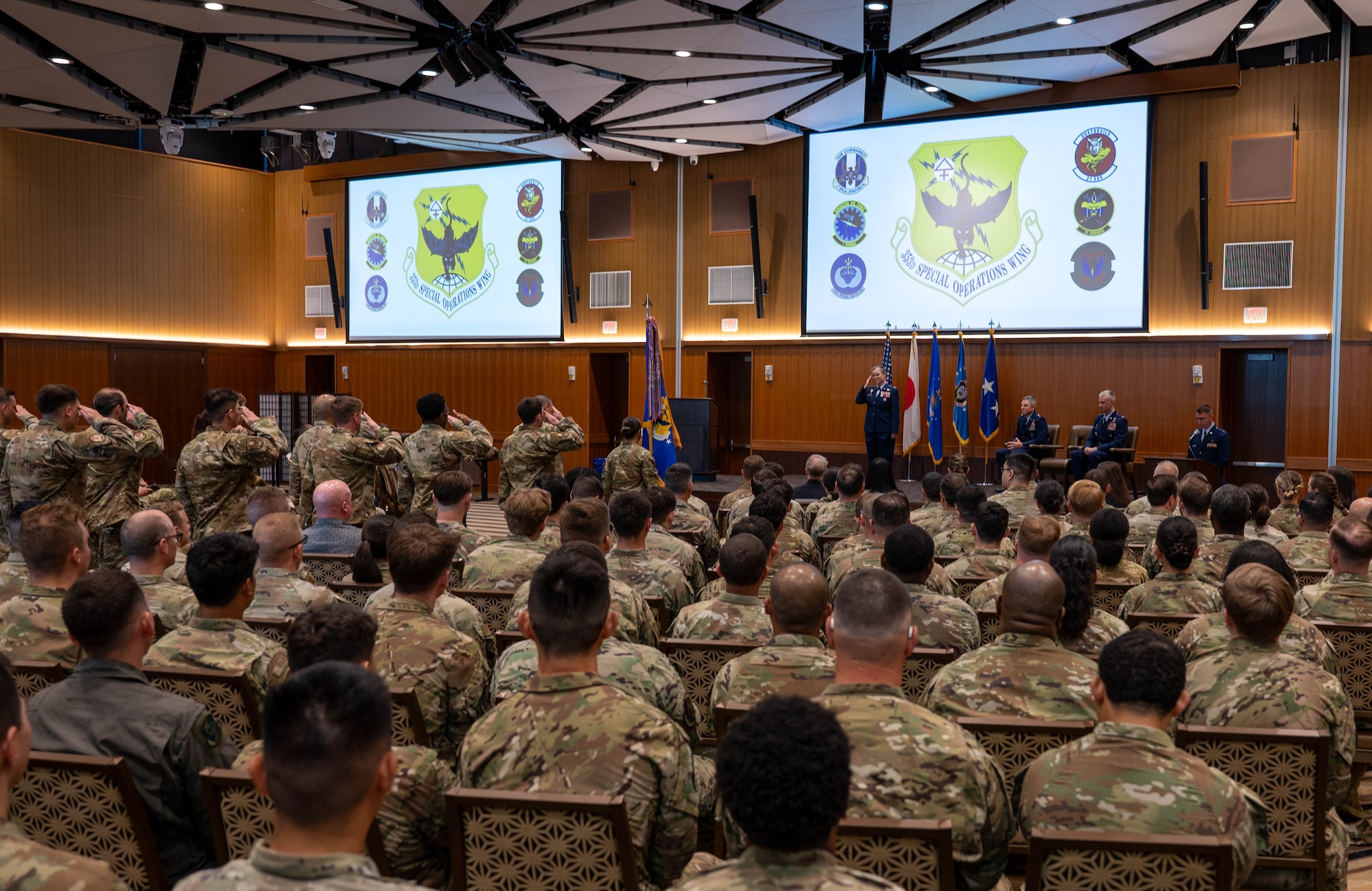 Group of service members salute commander.