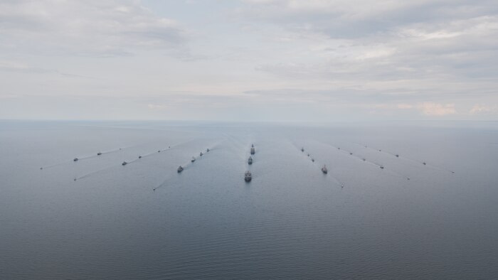 Ships participating in exercise Baltic Operations 2025 (BALTOPS 25) steam in formation through the Baltic Sea, June 5, 2025.